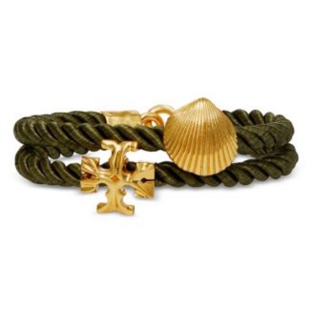 NWT Tory Burch Double Strand Olive Rope Gold Seashell Logo Bracelet $148 Dustbag